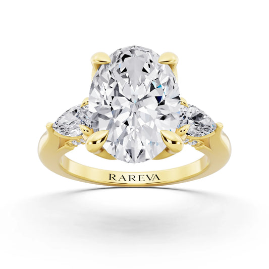 14 KT Yellow Gold Oval Cut Diamond Cluster Engagement Ring with Pear Accents and Pavé Band - front view
