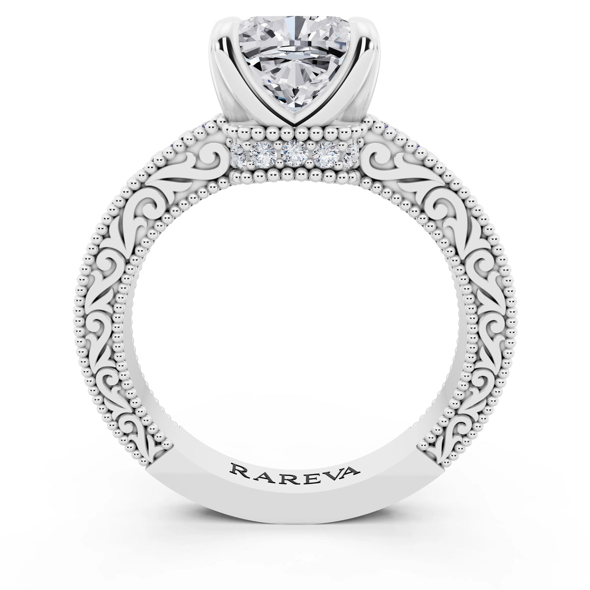 14 KT White Gold Cushion Cut Diamond Vintage - through finger