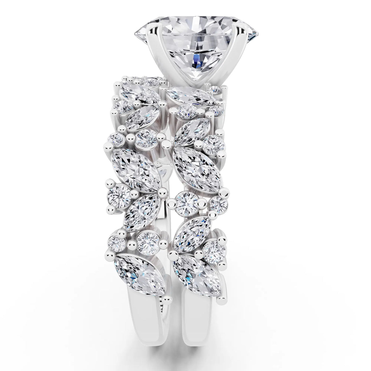 18 KT White Gold Oval Cut Diamond Ring with Marquise Cluster Band - side view