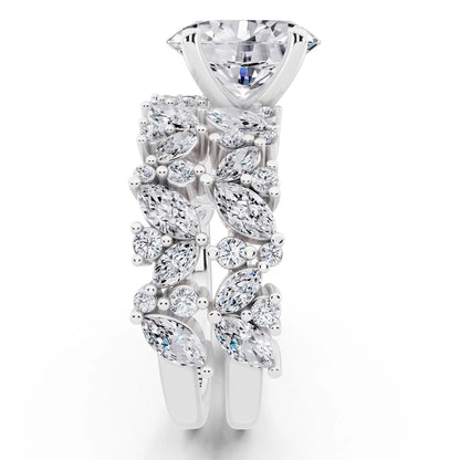 18 KT White Gold Oval Cut Diamond Ring with Marquise Cluster Band - side view