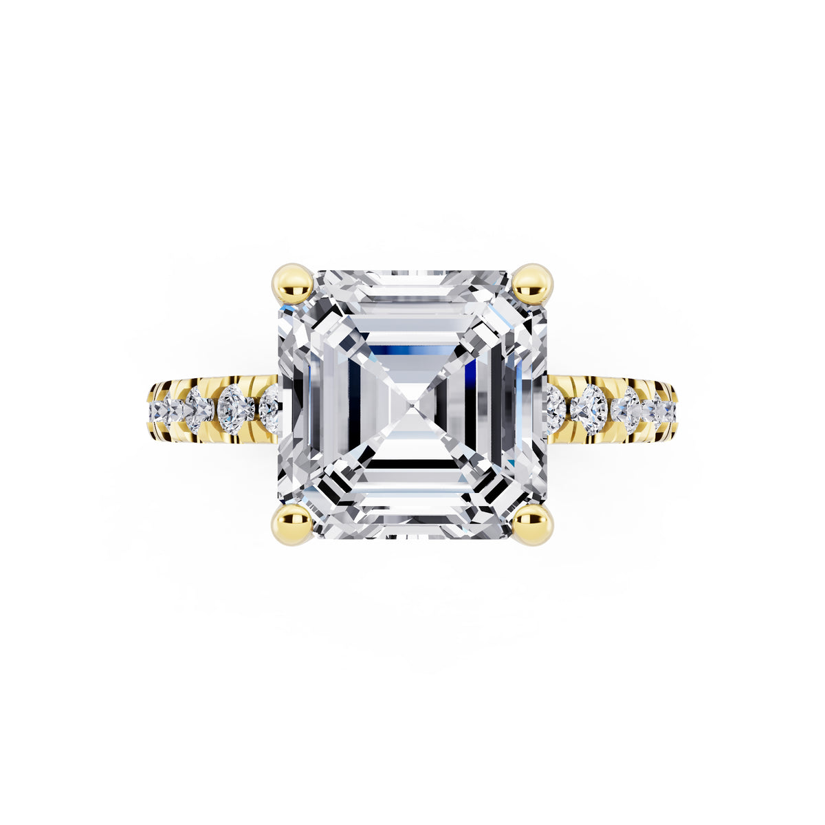 14 KT Yellow Gold Asscher Cut Diamond Hidden Halo Ring with Pave Shank - top angle