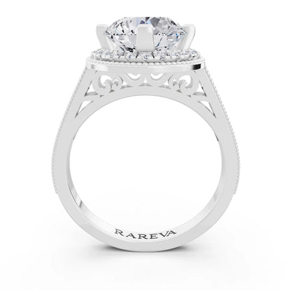 Platinum Round Cut Diamond Vintage Halo Ring with Milgrain Band - Through
