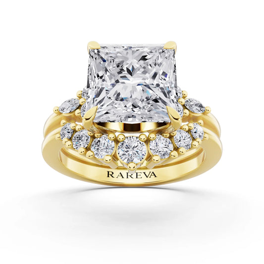 14 KT Yellow Gold Princess Cut Diamond Ring with Curved Cluster Band - front view