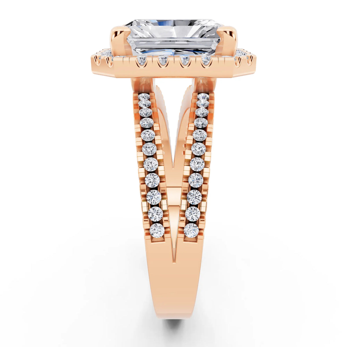 18 KT Rose Gold Radiant Cut Diamond Halo Ring with Pave Split Shank - side view