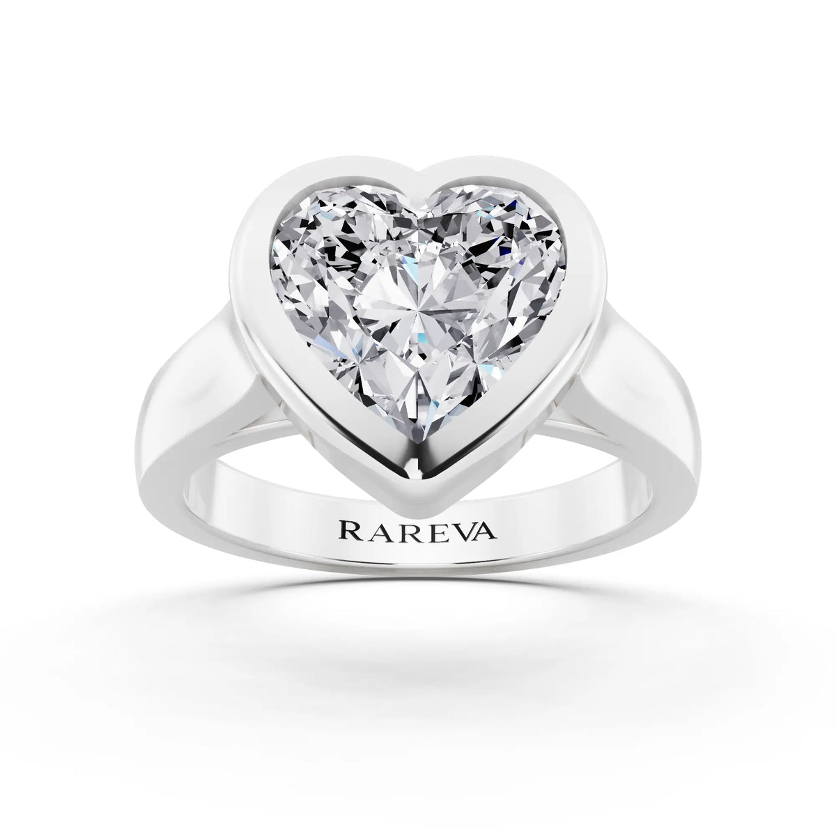 18 KT White Gold Heart Cut Diamond Bezel Set Solitaire Ring - front view