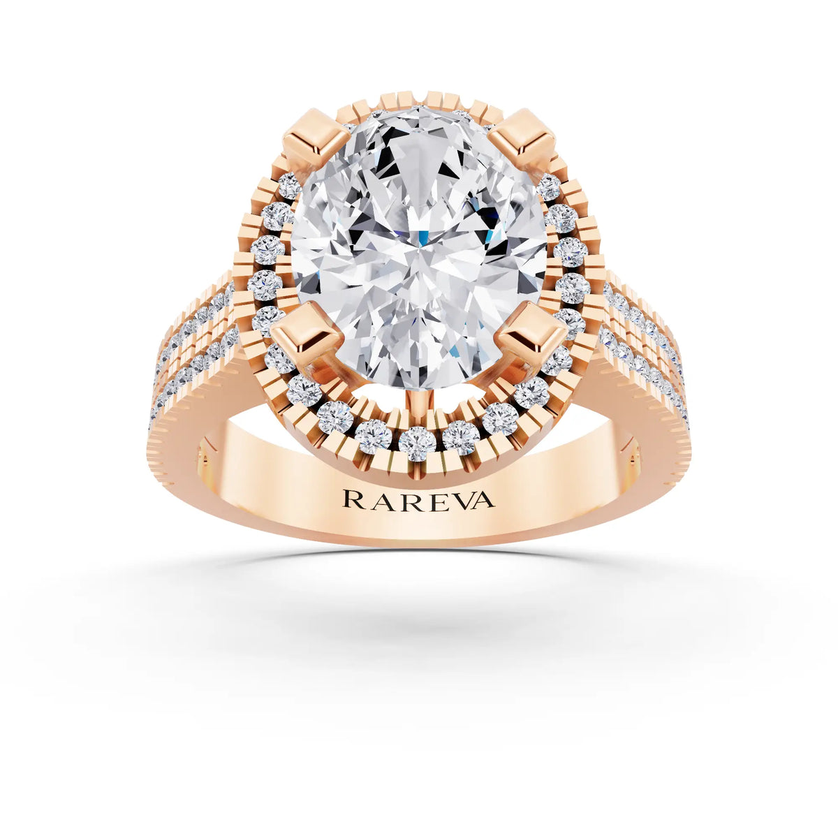 14 KT Rose Gold Oval Cut Diamond Halo Ring with Twin Pave Band - front view