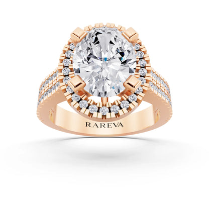 14 KT Rose Gold Oval Cut Diamond Halo Ring with Twin Pave Band - front view