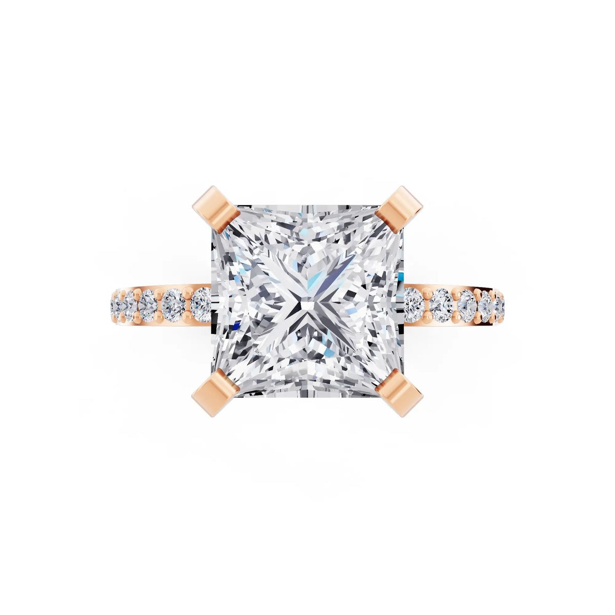 18 KT Rose Gold Princess Cut Diamond Solitaire Ring with Pave Shank - top angle