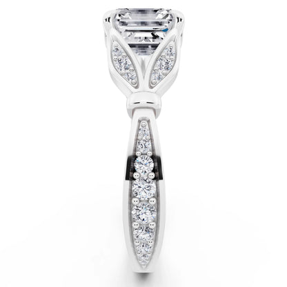 Platinum Asscher Cut Diamond Ring with Lotus Collar - side view