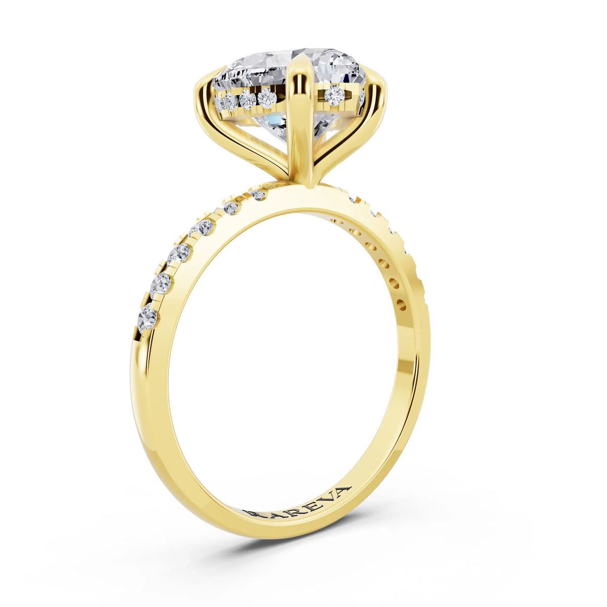 18 KT Yellow Gold Heart Cut Diamond Solitaire Ring with Round Pavé Band and Prong Setting - top view