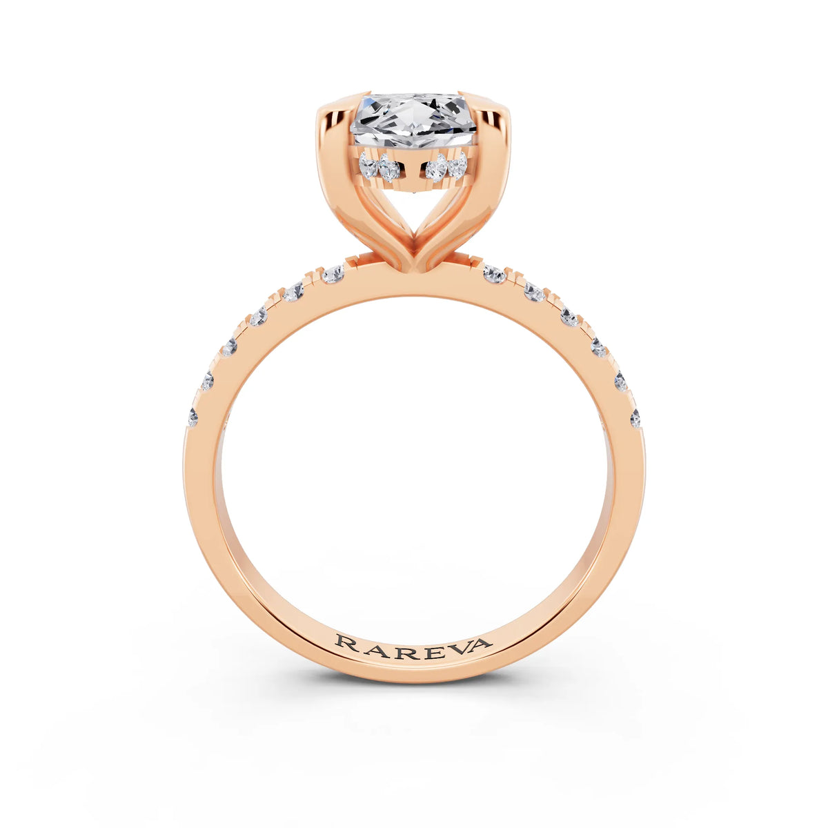 18 KT Rose Gold Marquise Cut Diamond Solitaire Ring with Round Pavé Band and Prong Setting - through finger