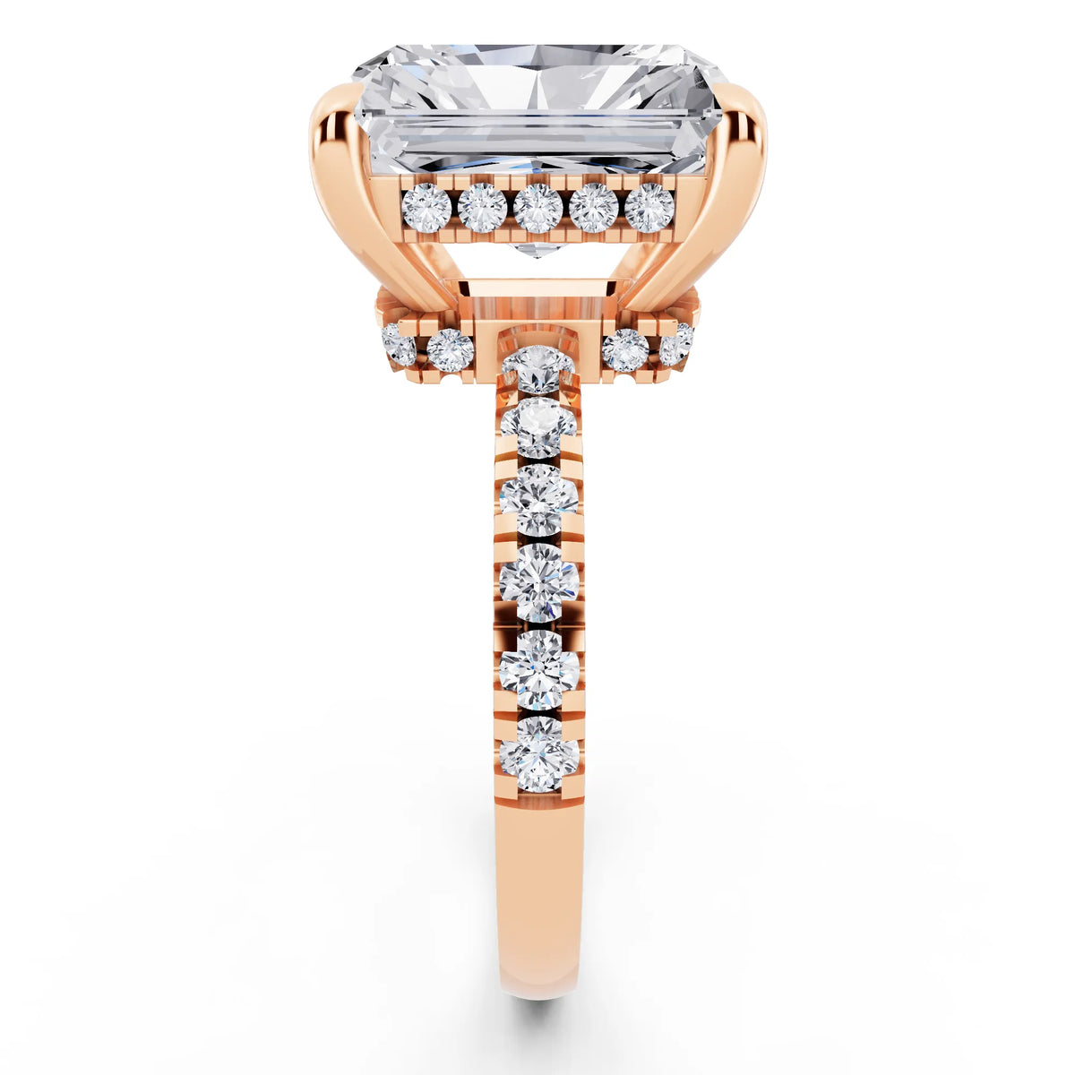 14 KT Rose Gold Radiant Cut Diamond Hidden Halo Tiger Prong Pave Band Ring - side view