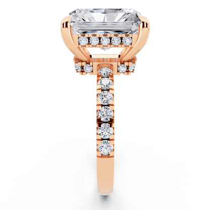 14 KT Rose Gold Radiant Cut Diamond Hidden Halo Tiger Prong Pave Band Ring - side view