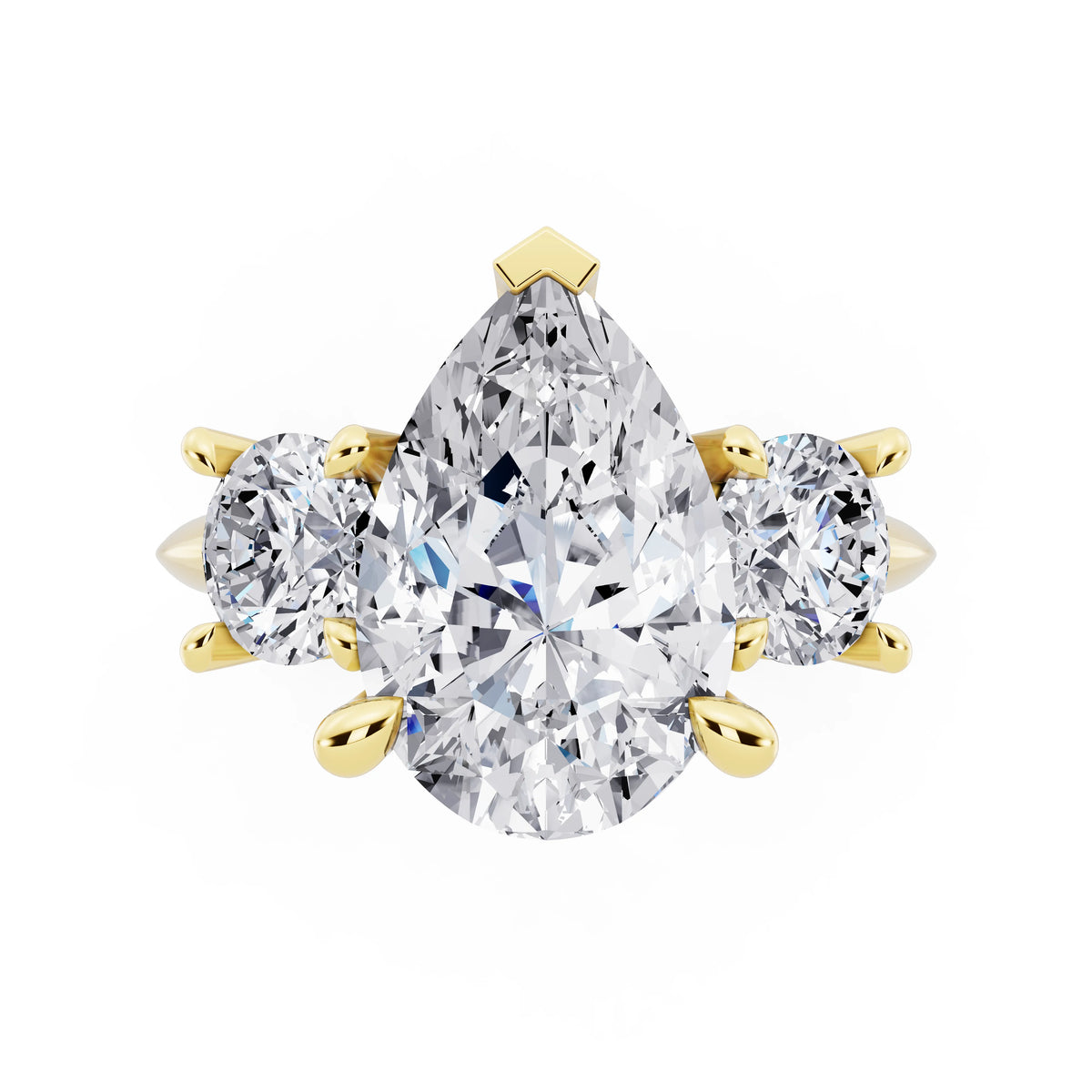 18 KT Yellow Gold Pear Cut Diamond Three Stone Ring with Round Accents - top angle