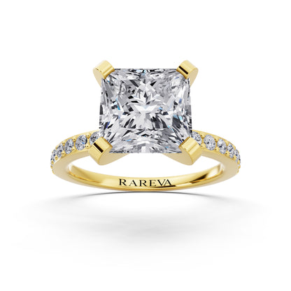 18 KT Yellow Gold Princess Cut Diamond Solitaire Ring with Pave Shank - front view