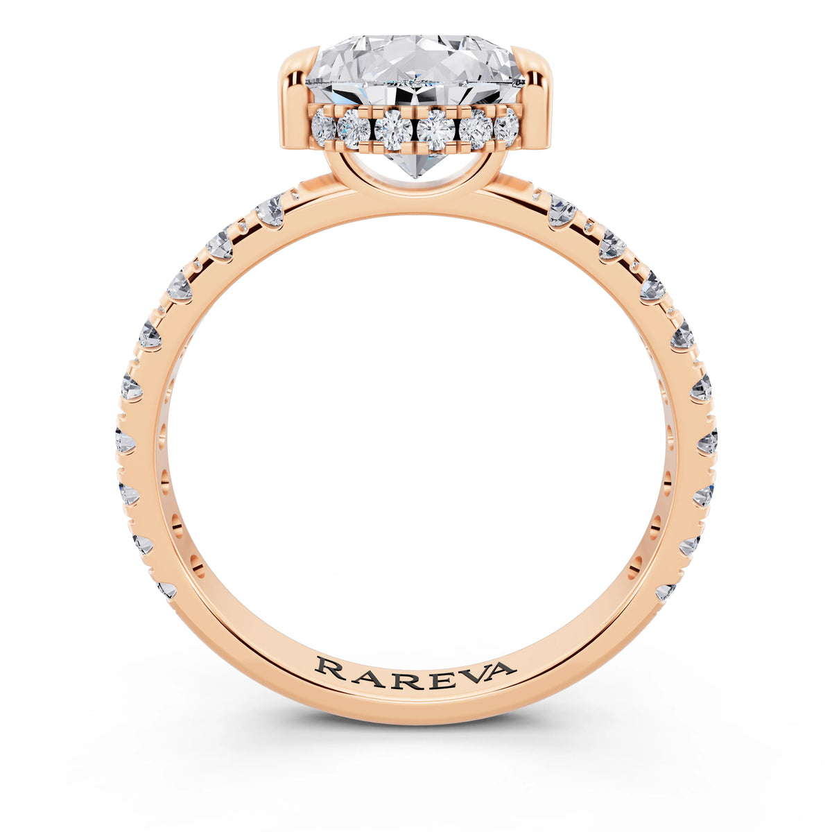 14 KT Rose Gold Pear Cut Diamond Solitaire Ring with Hidden Halo and French Pave Band - through finger