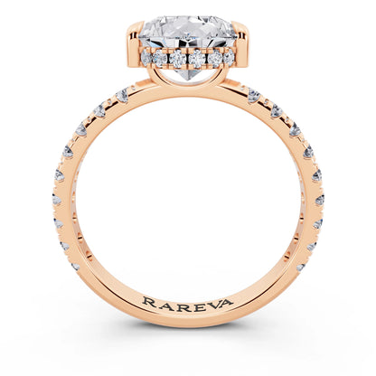 14 KT Rose Gold Pear Cut Diamond Solitaire Ring with Hidden Halo and French Pave Band - through finger