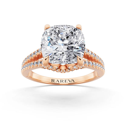 14 KT Rose Gold Cushion Cut Diamond Ring with Pavé Split Shank - front view