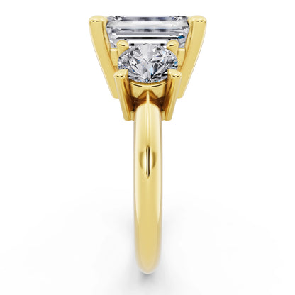 14 KT Yellow Gold Emerald Cut Diamond Three Stone Ring with Round Accents - side view