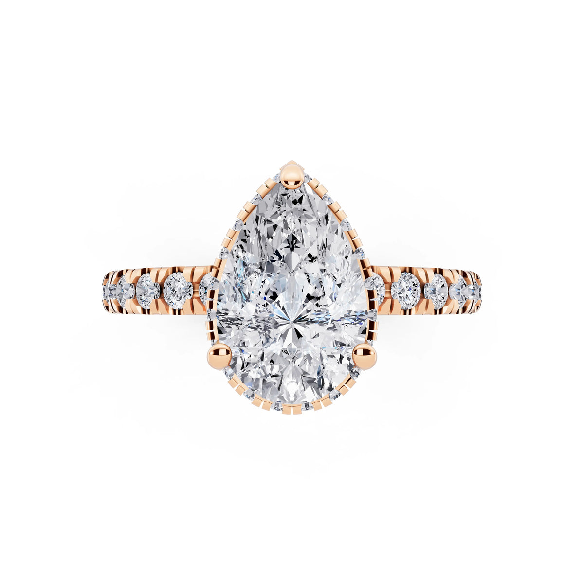 18 KT Rose Gold Pear Cut Diamond Hidden Halo Ring with Pave Band - top angle