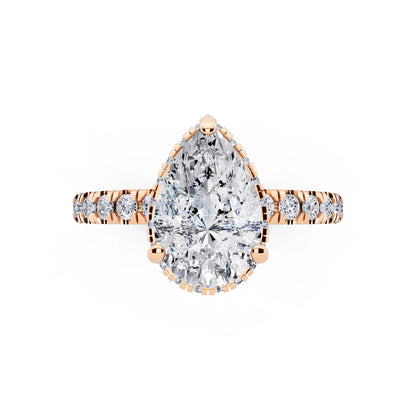 18 KT Rose Gold Pear Cut Diamond Hidden Halo Ring with Pave Band - top angle