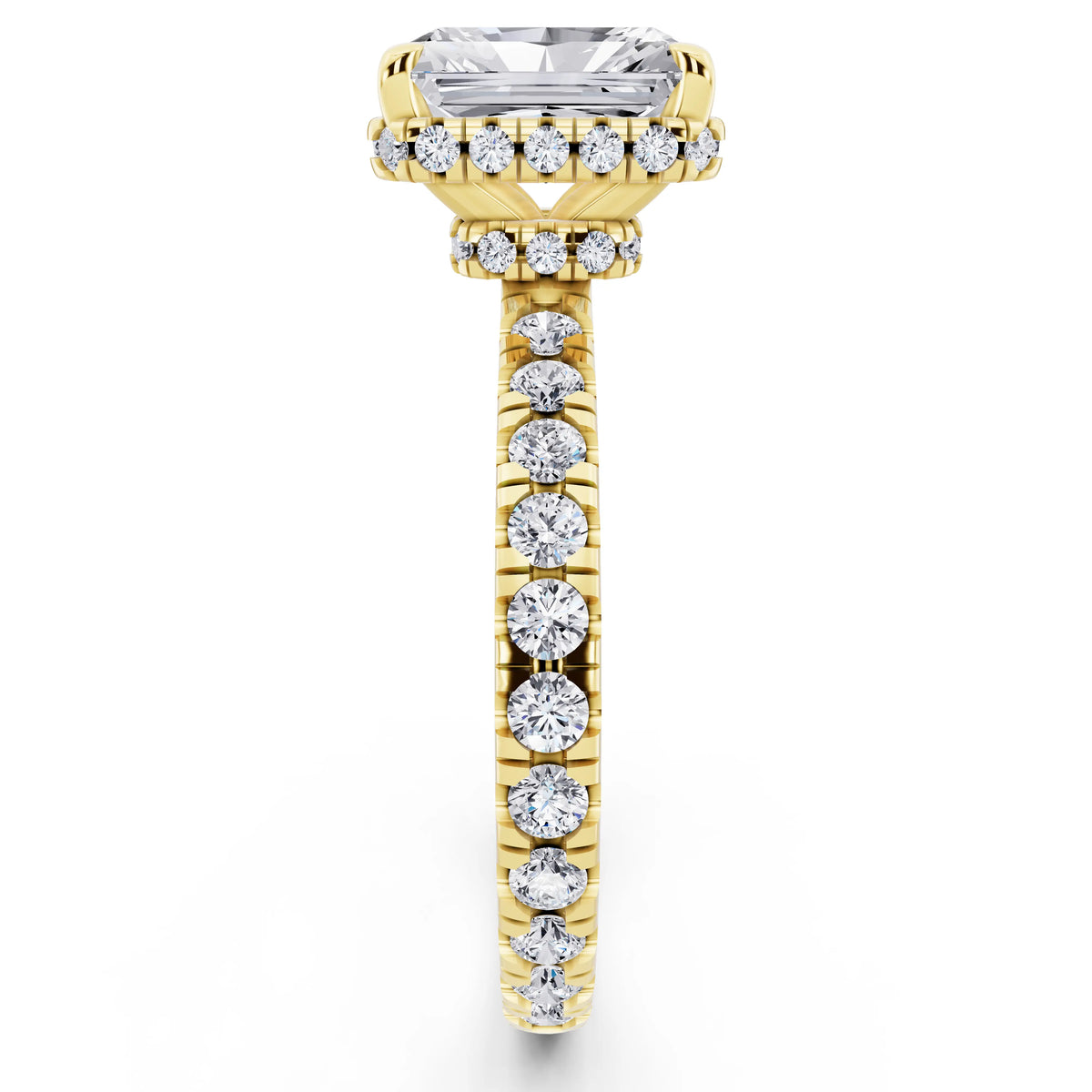 14 KT Yellow Gold Radiant Cut Diamond Hidden Halo Ring with Pave Band - side view