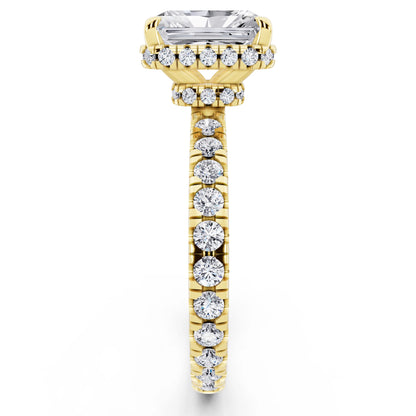 14 KT Yellow Gold Radiant Cut Diamond Hidden Halo Ring with Pave Band - side view