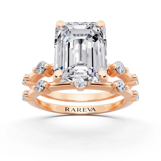 14 KT Rose Gold Emerald Cut Diamond Ring with Floating Accent Band - front view