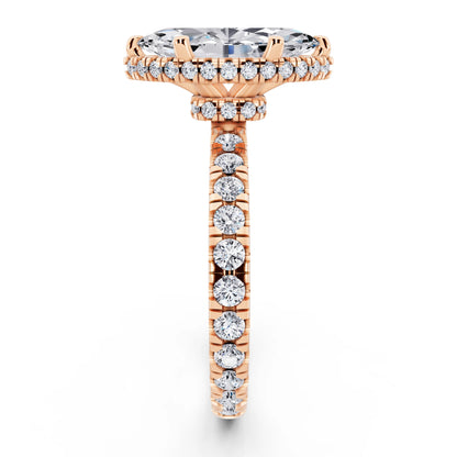 18 KT Rose Gold Marquise Cut Diamond Hidden Halo Ring with Pave Band - side view