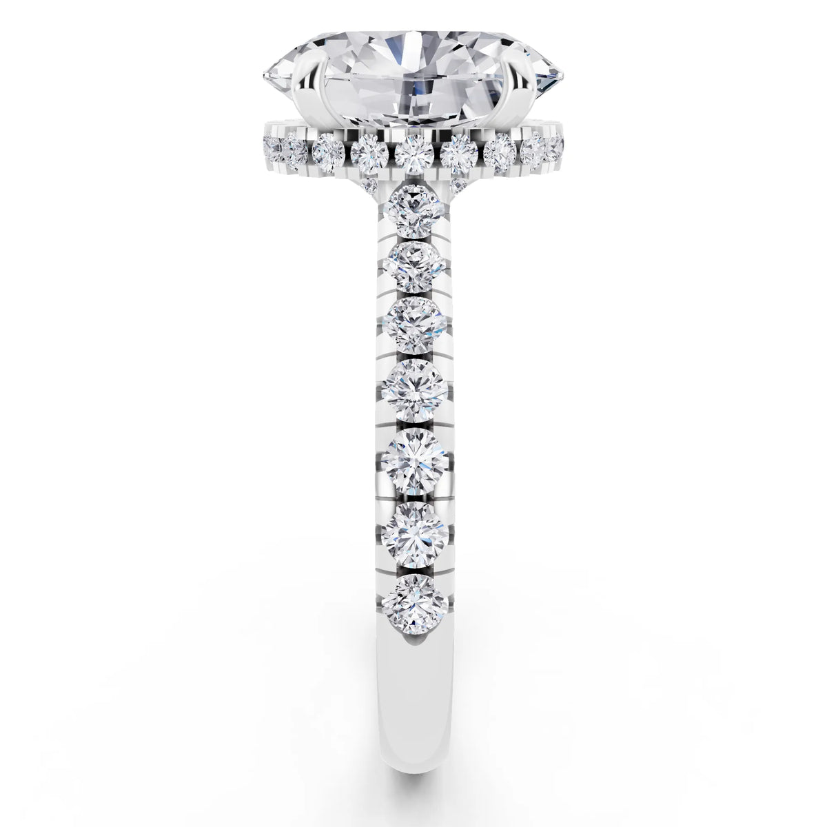 Platinum Oval Cut Diamond Ring with Hidden Halo - side view