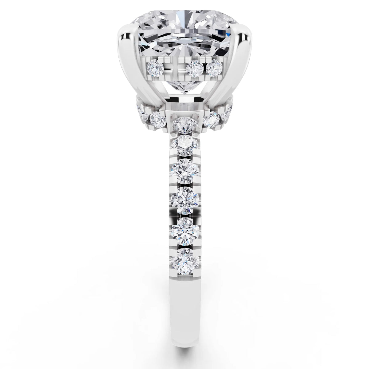 Platinum Cushion Cut Diamond Hidden Halo Tiger Prong Pave Band Ring - side view