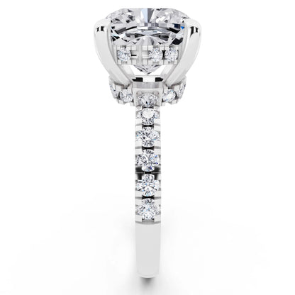 Platinum Cushion Cut Diamond Hidden Halo Tiger Prong Pave Band Ring - side view