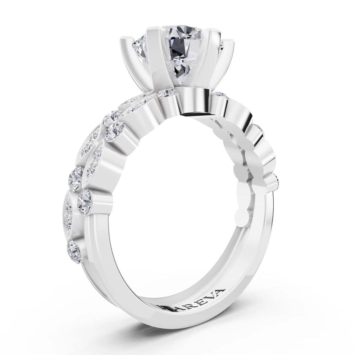 18 KT White Gold Round Cut Diamond Solitaire Ring with Marquise Motif Band - Top view