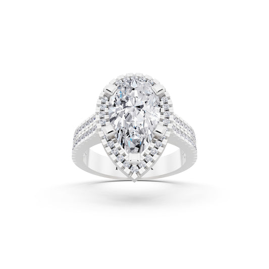 Platinum Pear Cut Diamond Halo Ring with Twin Pave Band - front view