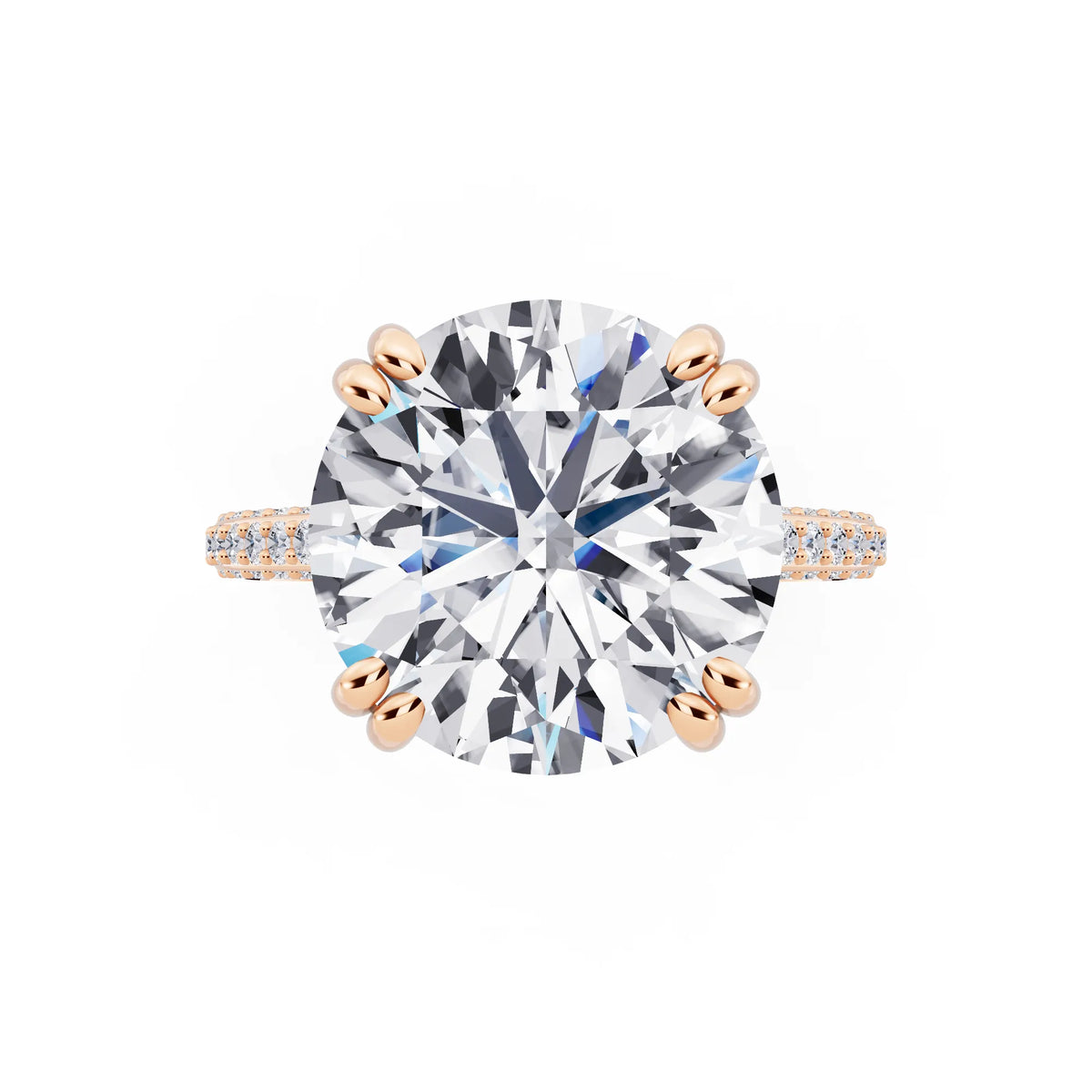 14 KT Rose Gold Round Cut Diamond Hidden Halo Double Claw Pave Band Ring - top angle