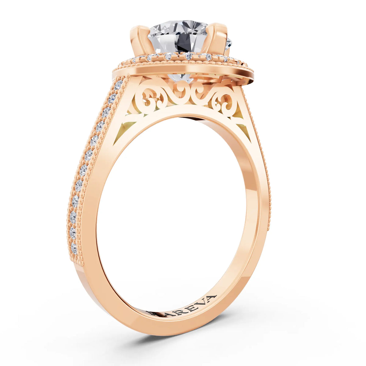 18 KT Rose Gold Round Cut Diamond Vintage Halo Ring with Milgrain Band - Top view