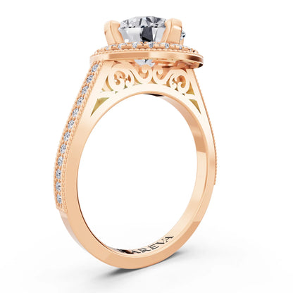 18 KT Rose Gold Round Cut Diamond Vintage Halo Ring with Milgrain Band - Top view