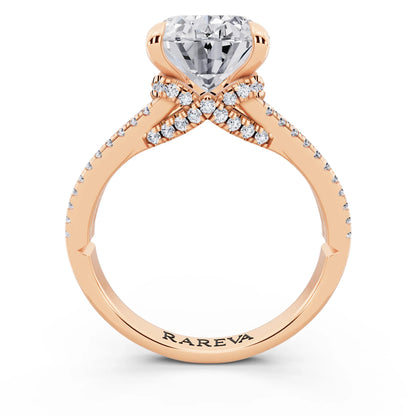 18 KT Rose Gold Oval Cut Diamond Ring with Pavé Split Shank - through finger