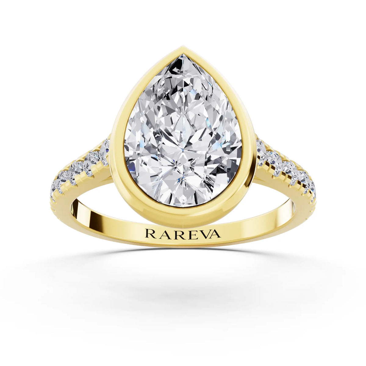 18 KT Yellow Gold Pear Cut Diamond Bezel Set Ring with Pave Band - Front