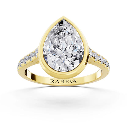 18 KT Yellow Gold Pear Cut Diamond Bezel Set Ring with Pave Band - Front