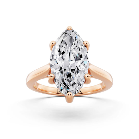 18 KT Rose Gold Marquise Cut Diamond Solitaire Ring with Cathedral Band - front view