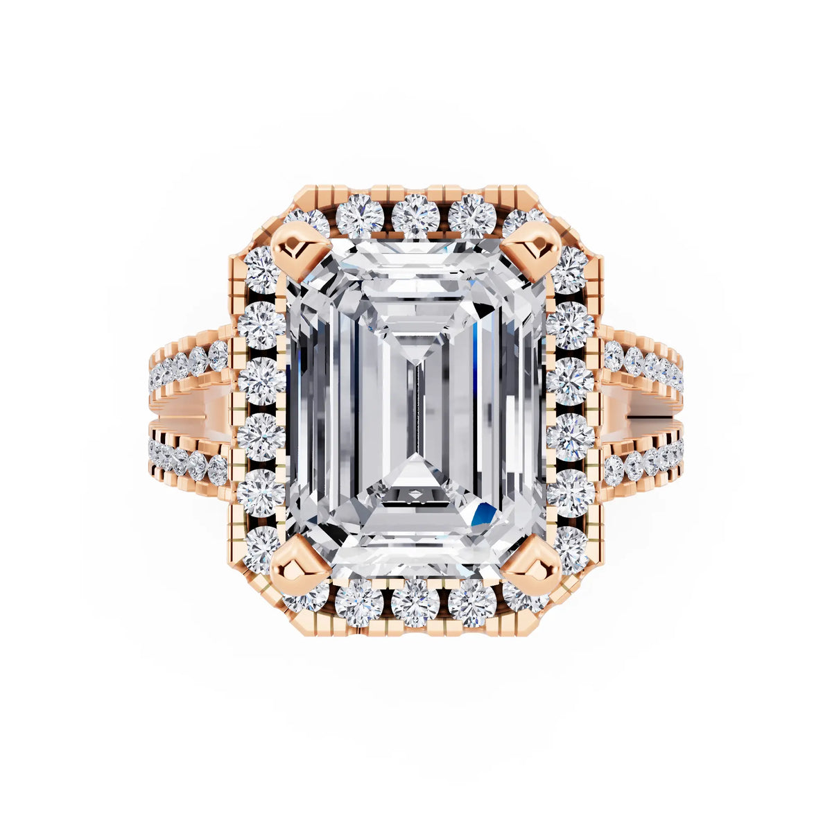 18 KT Rose Gold Emerald Cut Diamond Halo Ring with Pave Split Shank - top angle