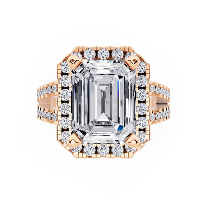 18 KT Rose Gold Emerald Cut Diamond Halo Ring with Pave Split Shank - top angle