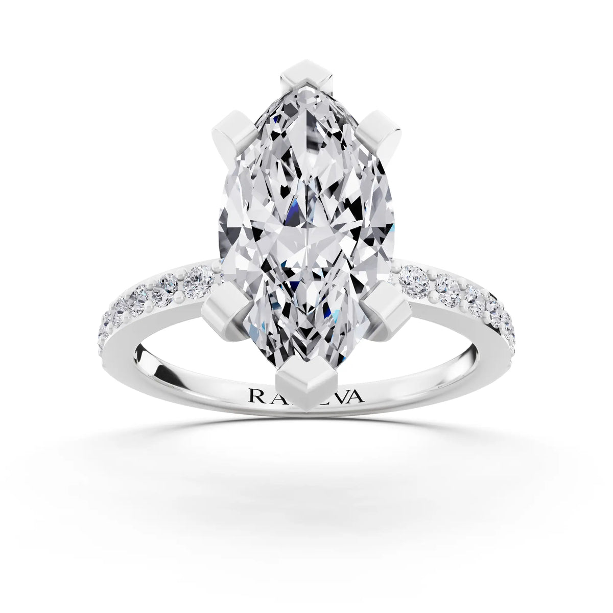 18 KT White Gold Marquise Cut Diamond Solitaire Ring with Pave Shank - front view