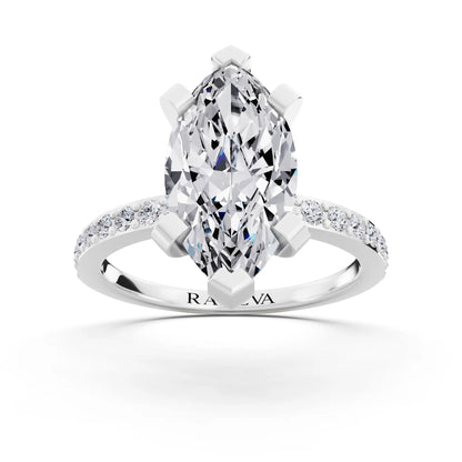 18 KT White Gold Marquise Cut Diamond Solitaire Ring with Pave Shank - front view