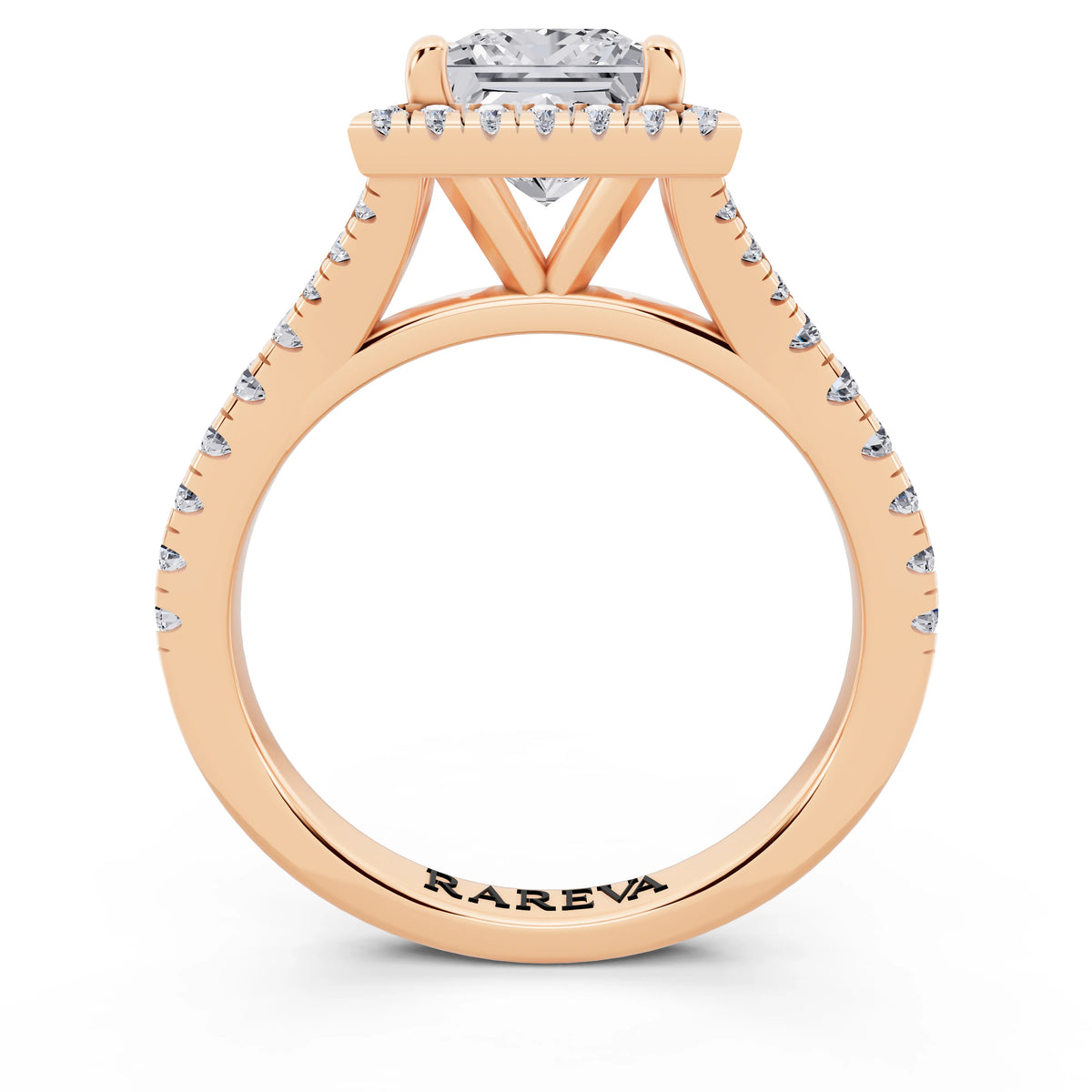 14 KT Rose Gold Princess Cut Diamond Halo Ring with Split Shank - through finger