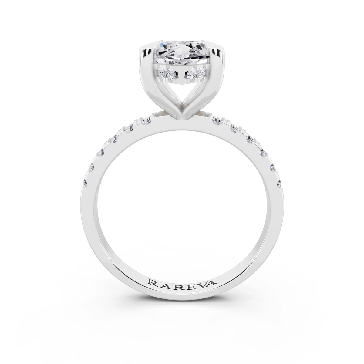 Platinum Marquise Cut Diamond Solitaire Ring with Round Pavé Band and Prong Setting - through finger