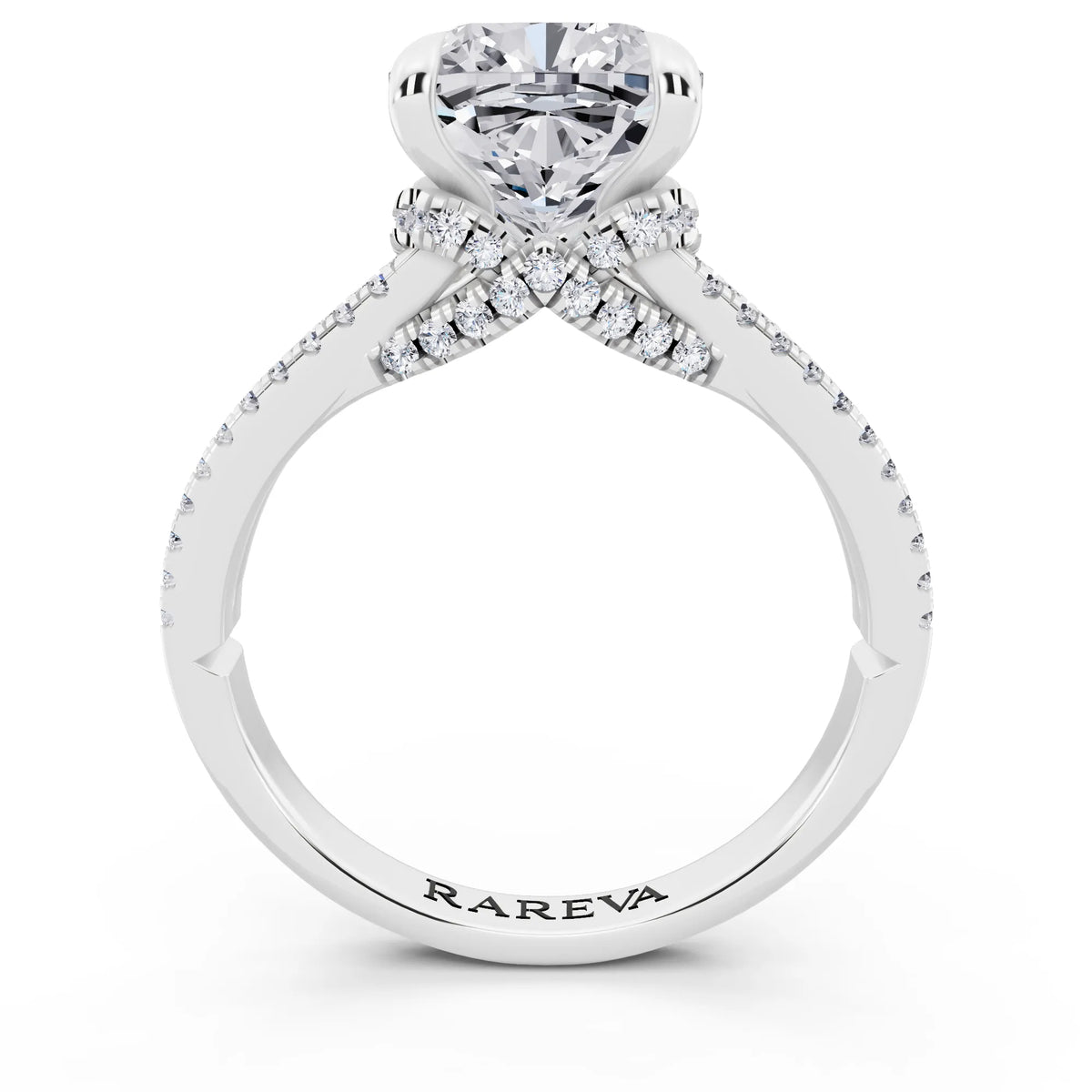 14 KT White Gold Cushion Cut Diamond Ring with Pavé Split Shank - through finger