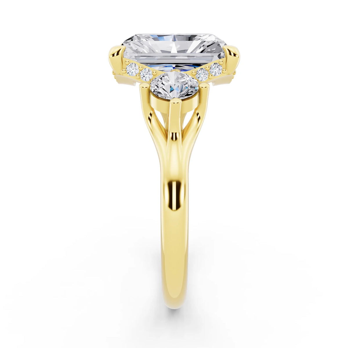 18 KT Yellow Gold Radiant Cut Diamond Three Stone Engagement Ring with Hidden Halo - side view