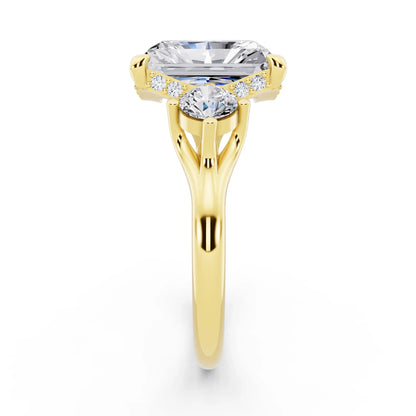 18 KT Yellow Gold Radiant Cut Diamond Three Stone Engagement Ring with Hidden Halo - side view